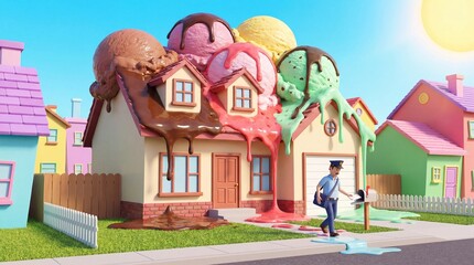 Naklejka premium Colorful Fantasy Cottage Built from Desserts and Sweets (Generative AI)