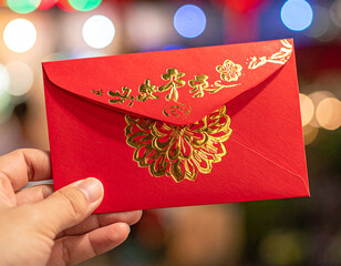 A person's hand holds a traditional red envelope with gold designs, celebrating festive occasions