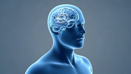 A 3D illustration of a human head with a visible brain, showcasing the intricate neural connections and thought processes from a side viewpoint