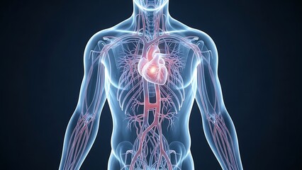 Human body illustration showing the cardiovascular system in detail from a frontal viewpoint