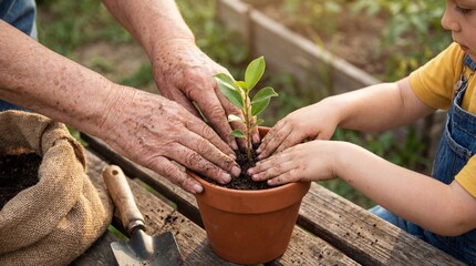 Naklejka premium Close-up of elderly and child hands planting a small tree seedling in a pot (Generative AI)