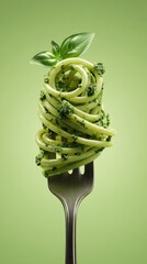 spaghetti with pesto sauce twirled on a fork