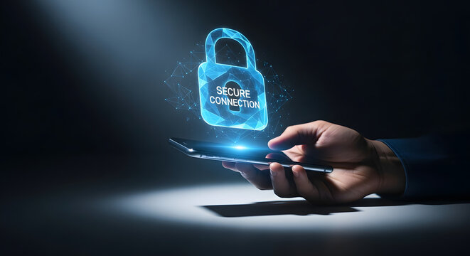 A hand holding a smartphone with a secure connection padlock icon above it - Powered by Adobe