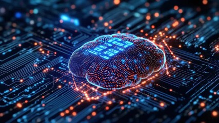 Digital brain representation over a circuit board background showcasing artificial intelligence technology - Powered by Adobe