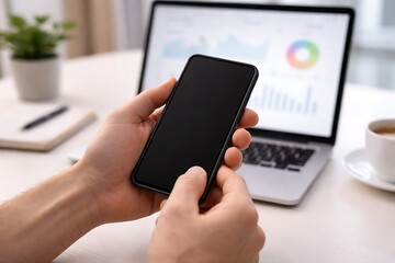 Hands holding smartphone with blank screen in modern workspace
