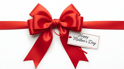 A red ribbon with a bow and a Happy Mother's Day tag