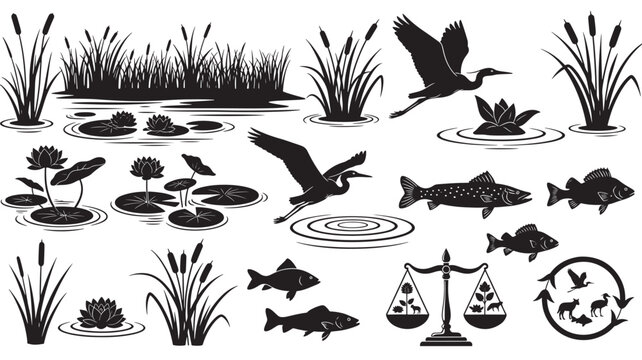 Black Silhouette Fish Birds Water Plants Pond Ecosystem
