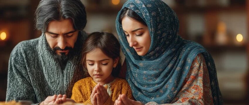 During the Eid Mubarak celebration season, a Middle Eastern Muslim Arabic family prays together before meals and does a dua to beg God for blessings.