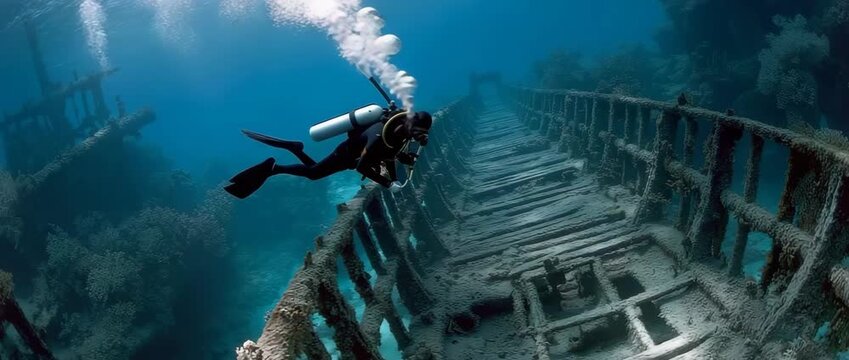 Underwater investigation of a sunken pirate shipwreck by a scuba diver