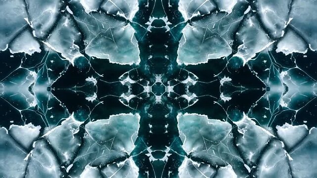 Frozen lake cracking symmetrically into fractal patterns and closing back seamlessly, 4K loop