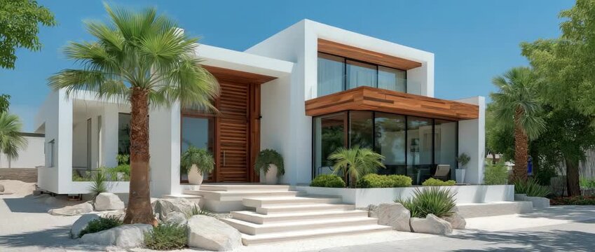 A palm tree surrounds this contemporary, luxurious home with a white facade and wooden details.