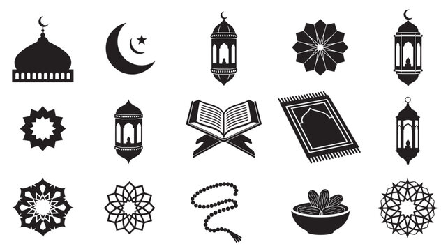 Ramadan Icons Set with Mosque, Lanterns, Quran and Arabic Decorations