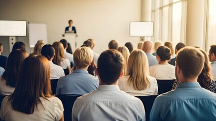 La audiencia comprometida escucha atentamente una presentaci&oacute;n en una moderna sala de conferencias.