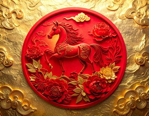 Traditional Chinese Golden Art with Powerful Red Zodiac Horse Motif