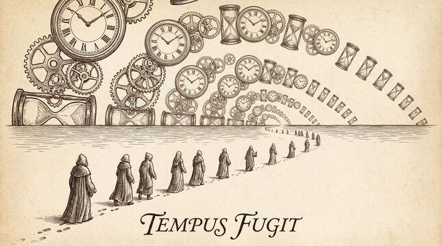 Cloaked figures travel toward a vanishing point. Above, a procession of clocks and hourglasses decrease in size, visually illustrating the swift passage of time.
