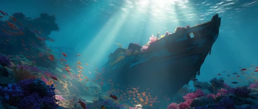 An underwater landscape including fish and a sunken shipwreck