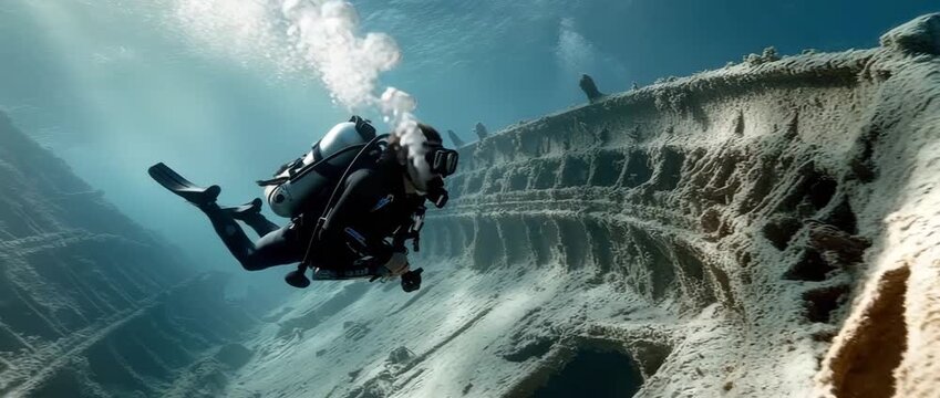 Underwater investigation of a sunken pirate shipwreck by a scuba diver