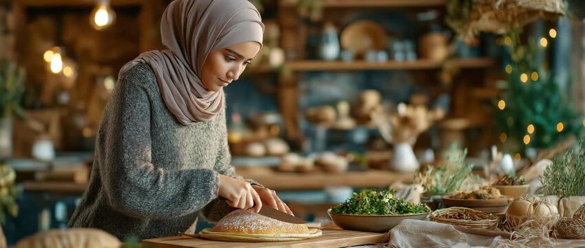 During the evening of Eid Mubarak, a Middle Eastern Muslim woman wearing a headscarf prepares food and sets the dinner table for a family feast.