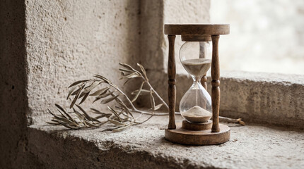 A wooden hourglass measures time by a weathered window. Beside it, an olive branch rests against the textured stone, evoking a sense of stillness and reflection.