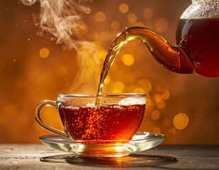 Hot Tea Pouring Into A Glass Cup With Steam Rising