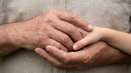 A close-up reveals an older person's hands gently enveloping the hand of a small child. It's a touching scene showcasing affection, safety, and intergenerational connection.
