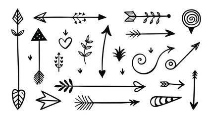 A variety of black and white doodle arrows, each uniquely designed, pointing in multiple directions for creative expression..eps