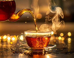 Warm Steaming Tea Pouring from Teapot into Glass Cup, Cozy Evening