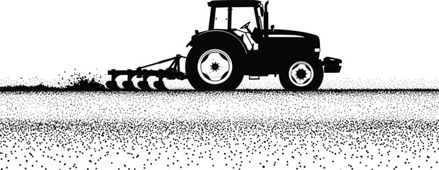 Black and white vector illustration of a farm tractor plowing a field silhouette, agricultural machinery working on rural farmland isolated on white, © MdShahadot