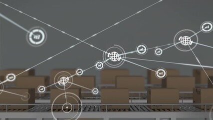 Animation of network of digital icons over delivery boxes on conveyer belt against grey background - Powered by Adobe