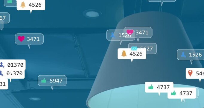 Animation of changing numbers, icons in notification bars over light on ceiling in office