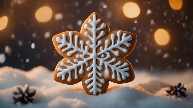 Festive snowflake gingerbread cookie in snowy winter wonderland with bokeh lights.