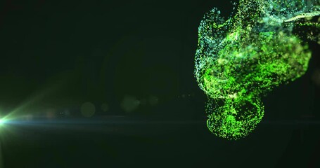 Animation of moving network of glowing green particles and white light on black background - Powered by Adobe