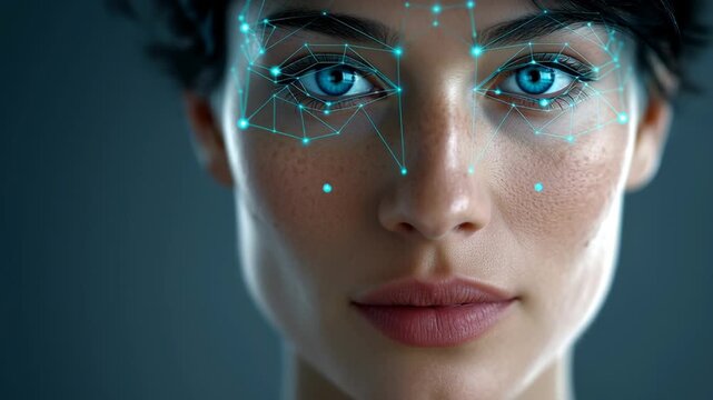 Female model with blue eyes showcasing facial recognition technology through digital overlays of interconnected nodes and points, illustrating advanced biometric analysis in a modern visual context