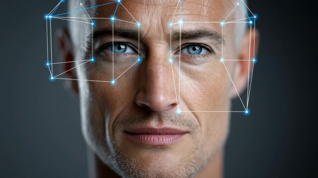 Male facial recognition technology analysis with progressive visual overlays illustrating data points and connections enhancing understanding of biometric features and digital mapping in modern applic