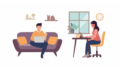 Freelance people working from home in comfortable workspace flat vector illustration