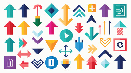 Multiple arrows displayed in diverse colors, illustrating various orientations and designs..eps