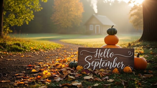 Autumn landscape with pumpkins and Hello September sign in sunlight