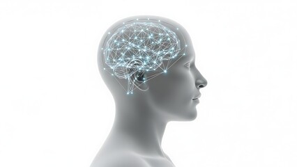 3D profile of a human head with a glowing digital brain and neural network connections, representing artificial intelligence and neuroscience.

