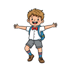 Adorable school boy  standing with open arms welcoming gesture joyful smile isolated 