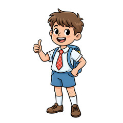 Happy school  cartoon boy wearing backpack and thumbs up  with confident smile isolated on clean background education and childhood concept