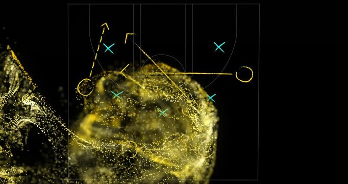 Basketball strategy animation with player positions and movement paths over abstract background
