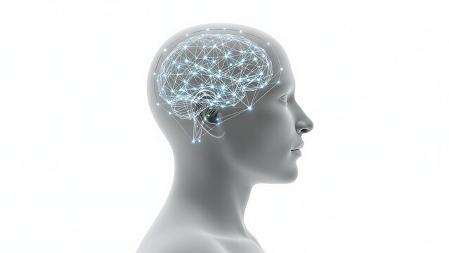 3D profile of a human head with a glowing digital brain and neural network connections, representing artificial intelligence and neuroscience.
- Powered by Adobe