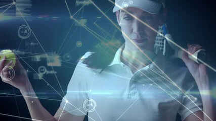 Female tennis player holding racket presenting technology data charts and network graphics - Powered by Adobe