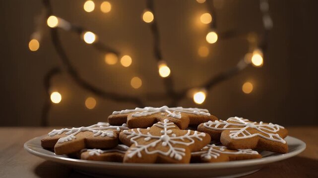 Festive star shaped gingerbread cookies with white icing and bokeh lights.
