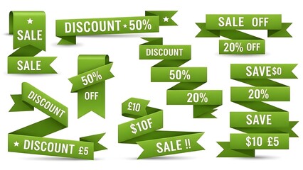 Green sale and discount ribbons set for various promotional offers and advertising campaigns