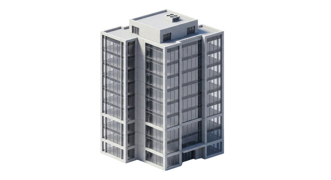 White modern glass skyscraper building with multiple floors and rooftop unit image