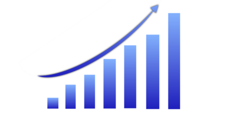 Business growth bar chart with upward blue arrow indicating financial success.