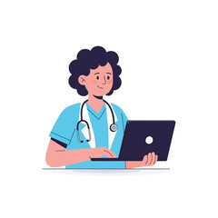 Fototapeta premium A smiling healthcare professional works on a laptop in a clinical setting indoors.