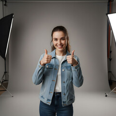Beautiful young girl giving thumbs up wearing jeans smiling confidently isolated background positive approval gesture lifestyle portrait photography concept studio