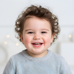 Cute smiling kid with joyful expression, bright eyes, natural happiness, isolated background, childhood innocence concept, lifestyle portrait photography